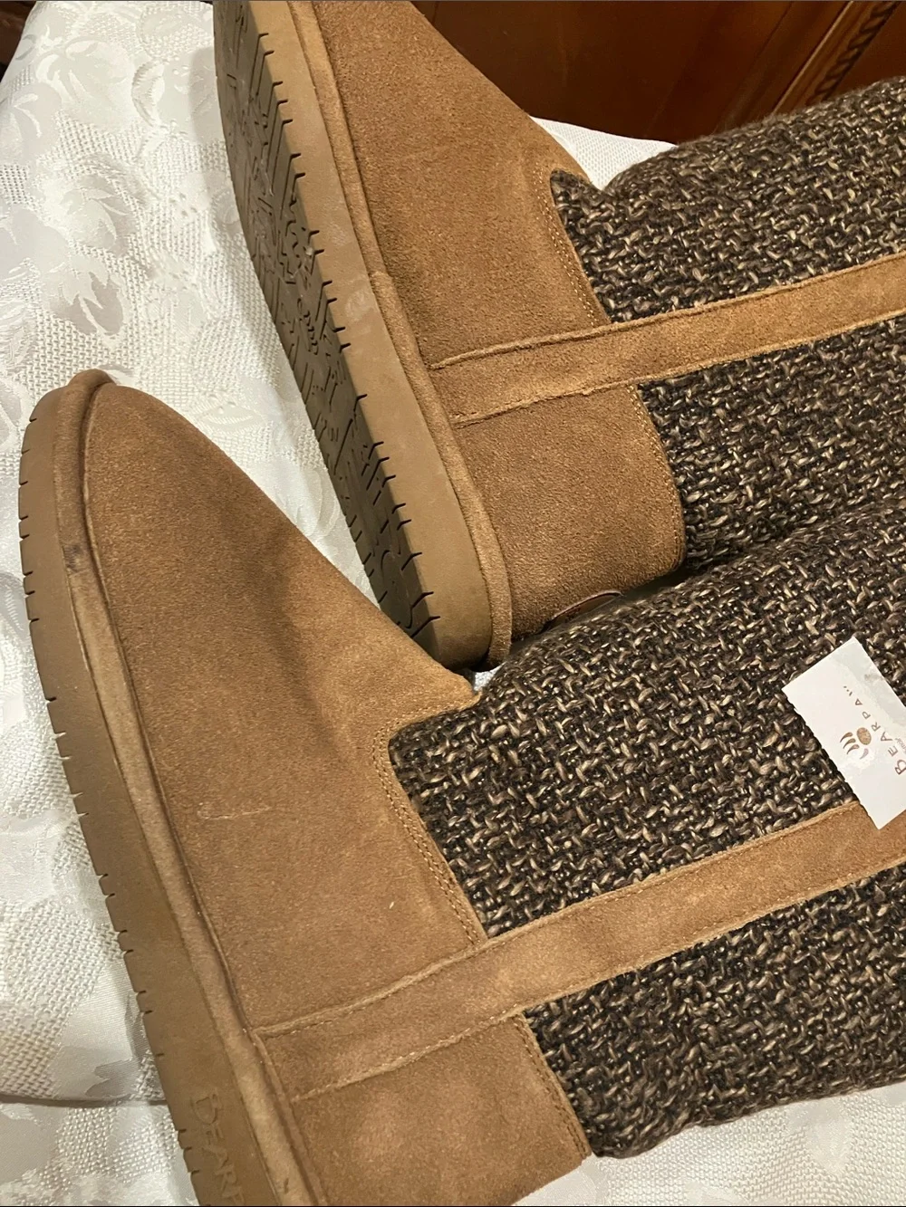 BearPaw Tan Suede and Charcoal Knit Winter Boots